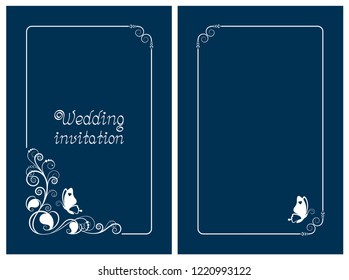 Blue Wedding Invitation, Rsvp Invite, Thank You And Save The Date Cards With Floral Design And Butterfly. Vertical Card Template For Foil Print