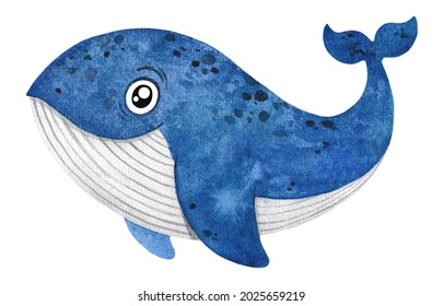The blue whale. A whale painted in watercolor. Underwater world. The illustration is suitable for decorating a children's room. Sticker. Sea dweller. Watercolor illustration.