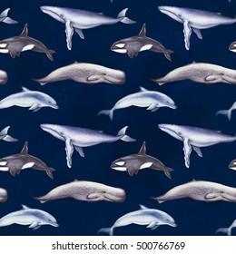 Blue whale, sperm whale, dolphin, killer whale on dark blue background. Seamless watercolor pattern