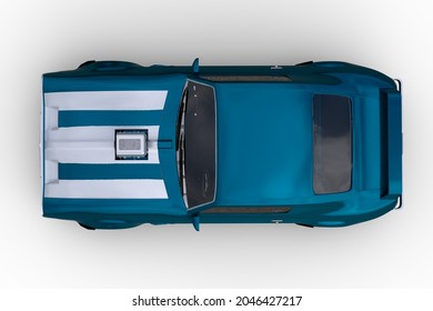 Blue And White 1970s Vintage American Muscle Car. Overhead View 3D Illustration Isolated On A White Background.