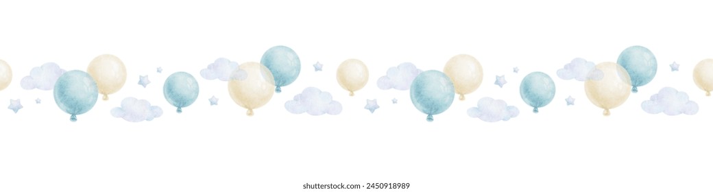 Blue, white air balloons, clouds and stars. Watercolor isolated hand drawn seamless border. Banner for website, postcards, decoration of children's rooms and party, Baby shower and birthday cards - Powered by Shutterstock