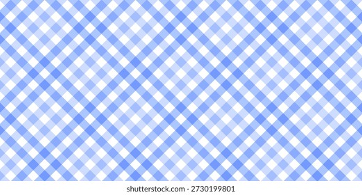 Blue and white argyle gingham pattern. Seamless checked fabric texture background for picnic tablecloth, summer wallpaper, or textile design.