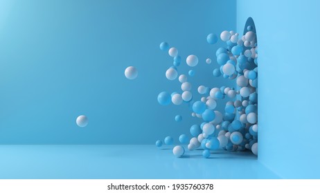 Blue and white balls shoot out of the open door into a large bright room. Background with copy space. 3D render illustration