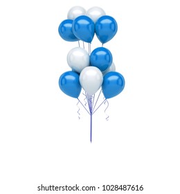 Blue And White Baloons With Gold Ribbons Isolated On White Background. 3D Illustration Of Celebration, Party Baloons