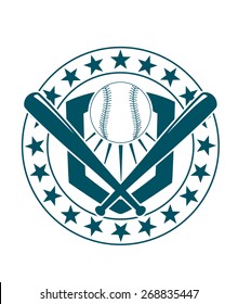 Blue and white baseball emblem or banner with a circular frame with stars around it enclosing a ball and crossed bats for sports design