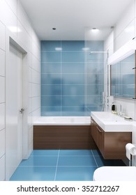 Blue And White Bathroom With Brown Wooden Futnirute In Contemporary Style. Snowy-white And Blue Tile Walls. 3D Render