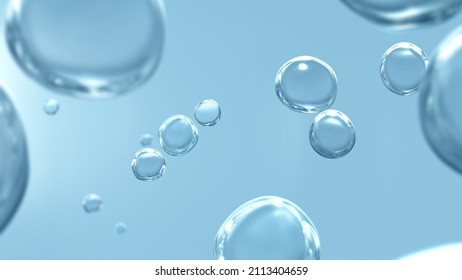 Blue and white concept realistic hydro fresh water bubble showcase background. 3D illustration of transparent carbonated drops with copy space for beauty care grooming product and medical healthcare