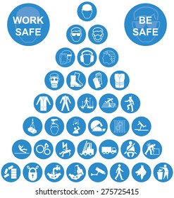 Blue And White Construction Manufacturing And Engineering Health And Safety Related Pyramid Icon Collection Isolated On White Background With Work Safe Message