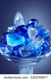 Blue And White  Crystals Cut Glass  And Gemstones On A Glass Plinth 3d Illustration