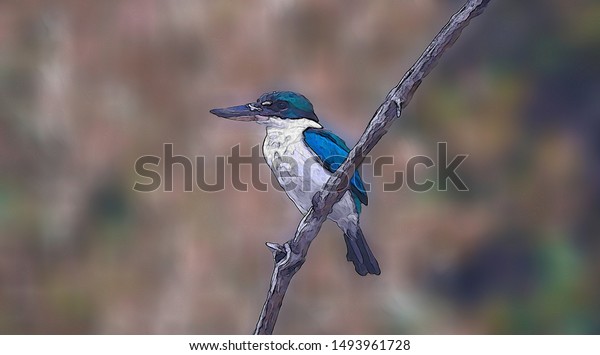 Blue and white\
feathers Kingfisher, Collared kingfisher (Todiramphus sanctus)  in\
watercolor painting\
format.