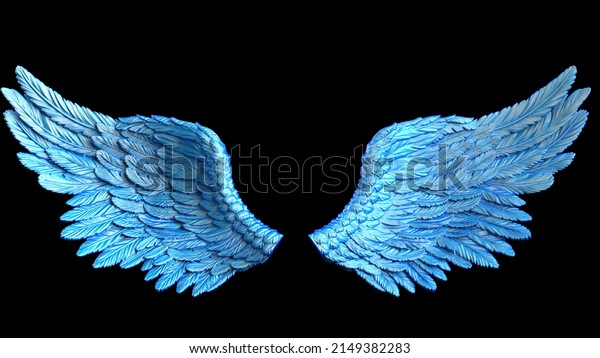 Blue and white\
gradient patterned wings under black lighting background. Concept\
image of free activity, decision without regret and strategic\
action. 3D CG. 3D\
illustration.