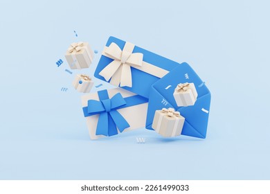 blue and white inviation, greeting, gift card with ribbon and bow and blue open envelope decorate with present boexs and confetti on blue background. sale and online shopping concept. 3d rendering  - Powered by Shutterstock