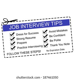 A Blue And White Job Interview Tips Coupon With Great Terms Such As Dress For Success, Prepare And More.