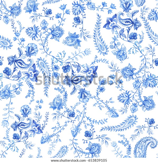 青と白の水彩花柄の壁紙 花柄のシームレスな柄 装飾植物柄 明るい青のインドネシアバティック 織物 織物 カバー 包装紙 カーテンのデザイン のイラスト素材
