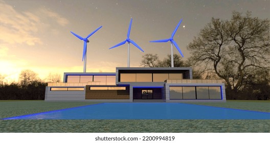 Blue Wind Turbine Blades Behind A Smart Tech House With A Swimming Pool Under A Starry Evening Sky. 3d Render.