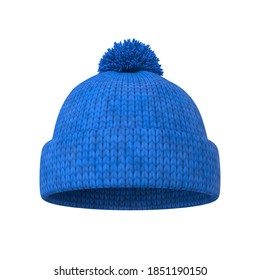 Blue winter knitted hat isolated on a white background, 3D render