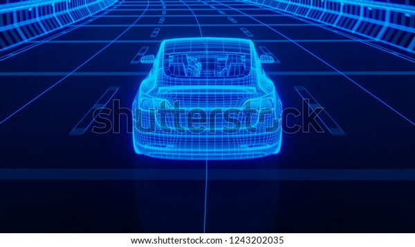 Blue wireframe Modern Electric car rides\
through Blue tunnel 3d\
rendering