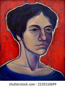 Blue Woman Portrait With Red Background. Beautiful Oil Painting Artwork. Unusual Stylized Portrait Of A Sad Woman With Huge Green Eyes, Wearing A Blue Dress And With Blue Highlights In Dark Hair.