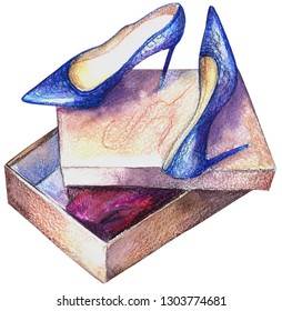 Blue Woman Shoes In A Box. Watercolor Painting Isolated On White Background.