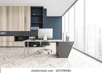 Blue And Wooden Light Office With Big Shelf, Chair And Table With Computer, On Parquet Floor Near Window. Business Office Room For One Office Worker, 3D Rendering No People