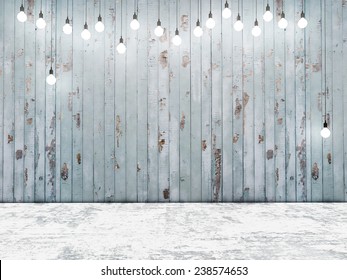 Blue Wooden Wall With Light Bulbs, Background