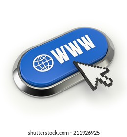 Blue world wide web button with metallic border on white background