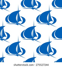 Blue Yachts Or Sailboat Seamless Pattern With Billowing Sails On Ocean Waves For Sports Design