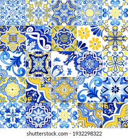 Blue And Yellow Azulejos Tiles. Patchwork Print For Wallpaper Design. Traditional Portuguese Mosaic, Spanish Majolica Tile Desoration. Watercolor Artwork, Antique Tileable Ceramics, Heritage. Floral