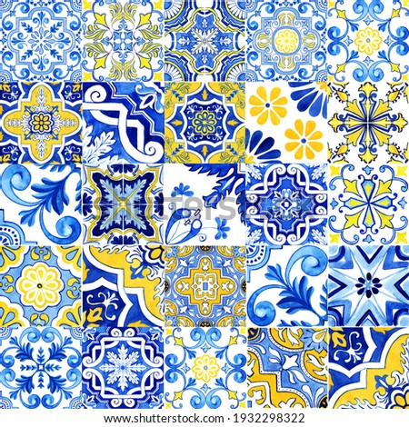 Blue and yellow Azulejos tiles. Patchwork print for wallpaper design. Traditional Portuguese Mosaic, Spanish Majolica tile desoration. Watercolor artwork, antique tileable ceramics, heritage. Floral