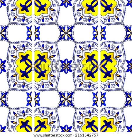 Blue and yellow Azulejos tiles. Patchwork print for wallpaper design. Traditional Portuguese Mosaic, Spanish Majolica tile desoration. Watercolor artwork, antique tileable ceramics, heritage. Floral