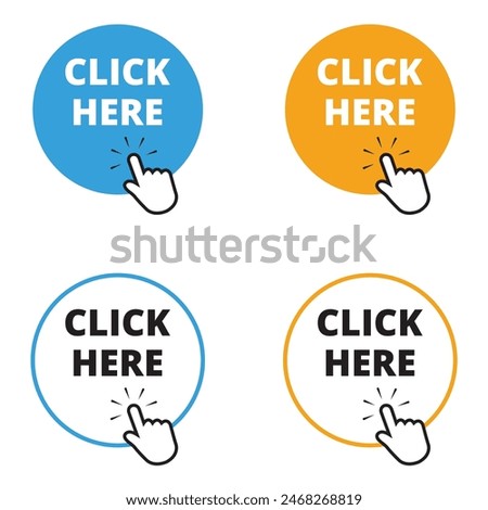 Blue and yellow click here button with a hand clicking on a white background 