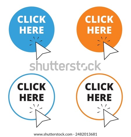 Blue and yellow click here button with mouse pointer clicking on a white background 