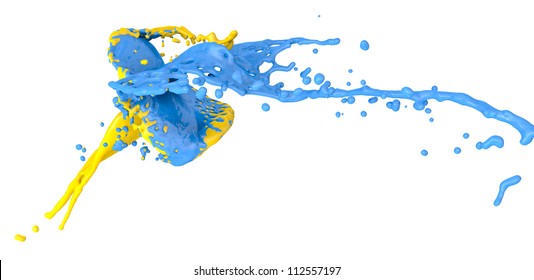 Blue And Yellow Color Splashes Collide - Isolated On White