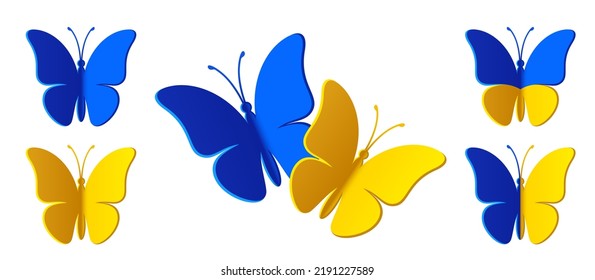 Blue Yellow Monarch Butterfly Silhouette Isolated On White Background. Modern Graphic Illustration. Patriotic Concept Is Perfect For Ukraine Patriot Sticker, Icon And Decoration Design