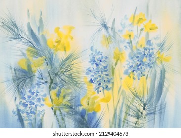 Blue and yellow spring flowers watercolor background. Easter illustration