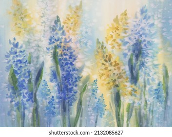Blue And Yellow Spring Flowers Watercolor Background. Easter Illustration