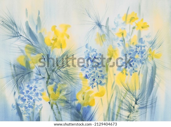 Blue and yellow spring flowers watercolor background. Easter illustration