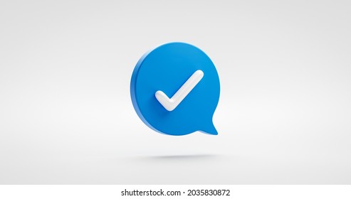 Blue yes check mark icon symbol or tick ok correct button and illustration choice sign isolated on white checkmark background with  approved speech bubble checklist flat design concept. 3D rendering.