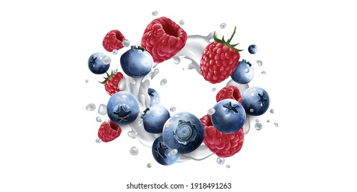 Blueberries And Raspberries In Splashes Of Yogurt Or Milk.