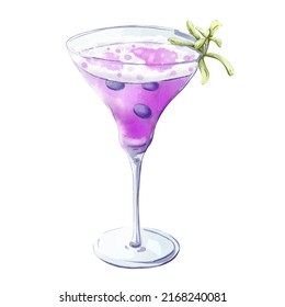 Blueberry daiquiri cocktail watercolor illustrstion in a martini glass isolated on white background