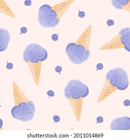 Blueberry Flavored Ice Cream Seamless Pattern. Stylish Gouache Hand-painted Food Texture. Summer Ice Cream Pattern Design For Fabric, Wallpaper Or Wrapping Paper.