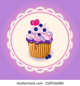 Blueberry Muffin On Purple Background With White Lace Napkin


