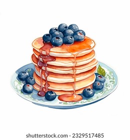 Blueberry pancakes watercolor illustration. Pancake Stack on a blue porcelain plate. Coastal brunch. - Powered by Shutterstock