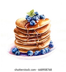blueberry pancakes with watercolors