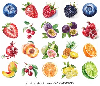 blueberry, strawberry, blackberry, cherry, passion fruit, pomegranate, peach, guava, pineapple, orange, mango, cherry, lemon in watercolor isolated with white background - Powered by Shutterstock