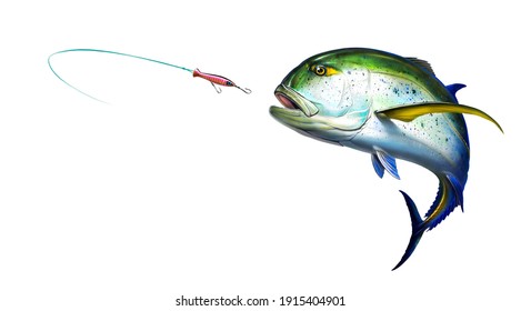 Bluefin Trevally caranx fish attacks Popper Lures Topwater Fishing Baits. illustration realistic art isolated. Big fish Bluefin Jack scombridae jumps out of the water.