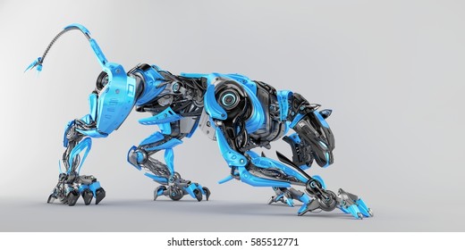 Blue-grey robot panther in creeping pose 3d rendering
