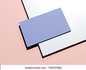 Blue-pink Branding Mockup With Blank Sheet Of Paper And Business Card. 3d Rendering