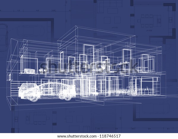 Blueprint Architecture Plan Perspective Drawing Contemporary Stock ...