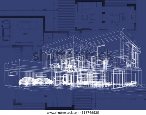 Blueprint, architecture plan and perspective\
drawing of contemporary\
house